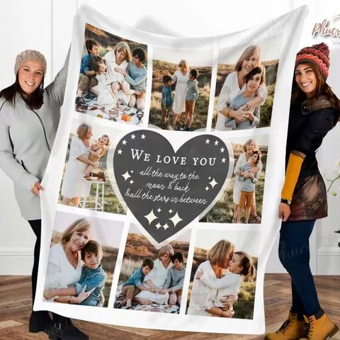 A cozy photo blanket featuring family photos