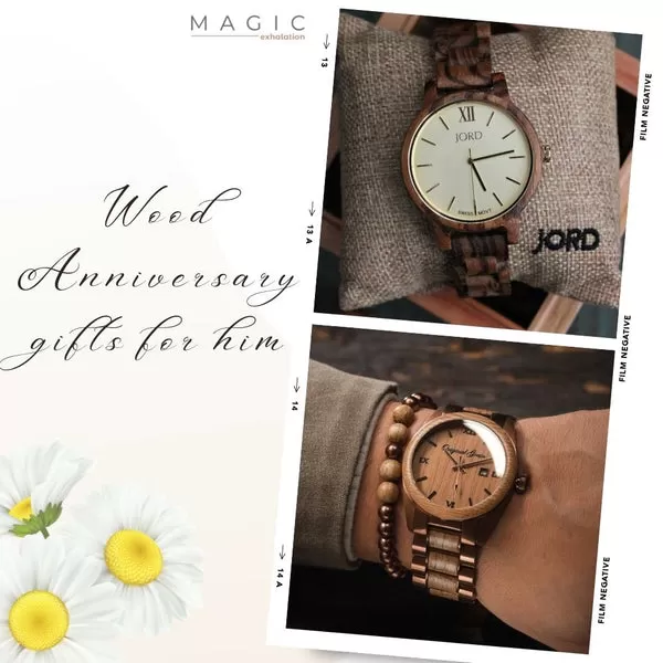 A wooden watch with a brown leather strap.