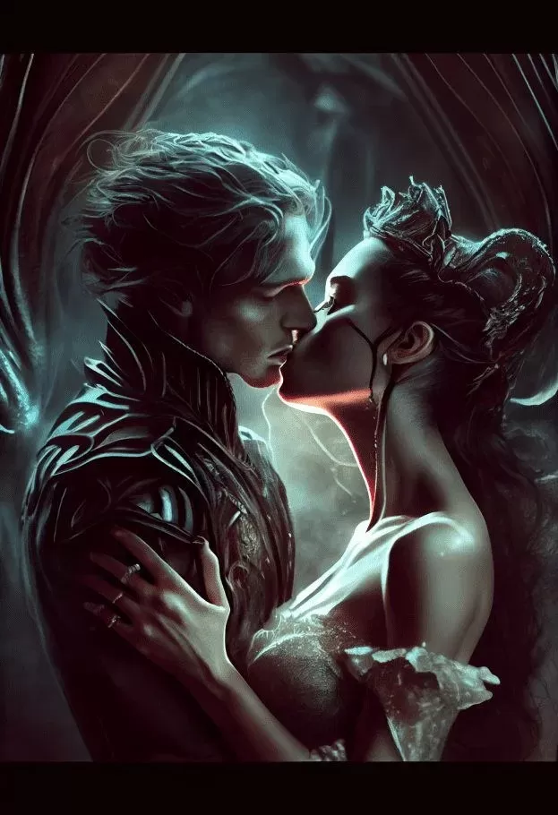 Two people kissing in a romantic setting.