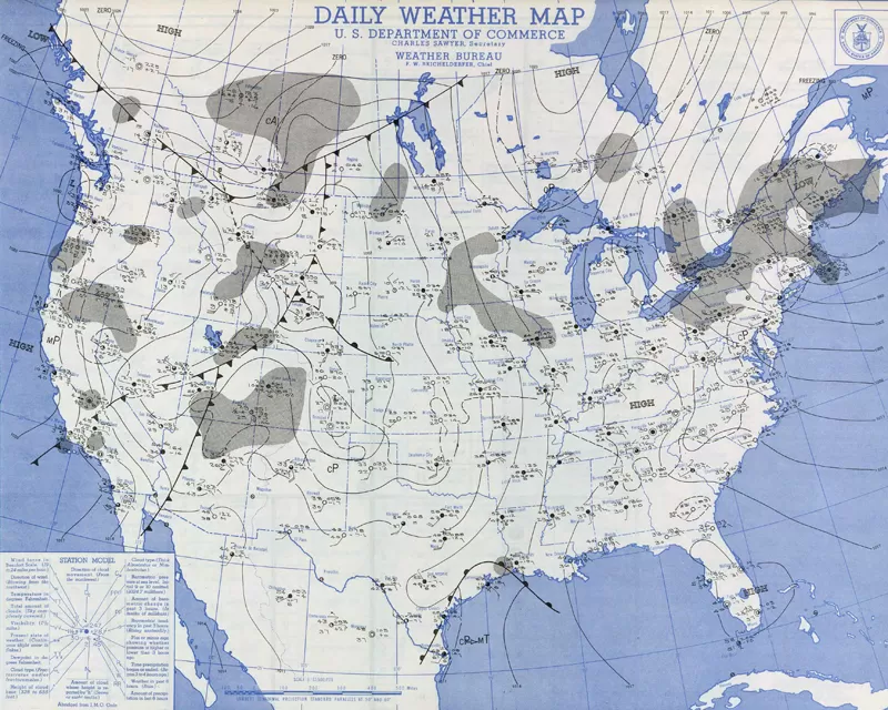 Weather map showing pressure systems and fronts over the central US on January 2, 1949