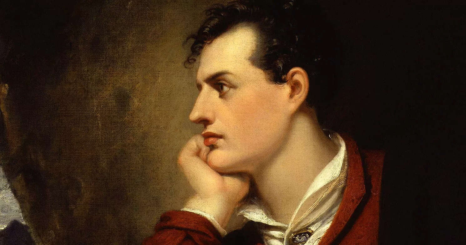 Lord Byron is depicted in a formal portrait, wearing a white shirt and dark coat, looking off to the side with a contemplative expression.
