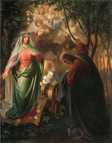 Painting depicting Dante Alighieri and Beatrice Portinari by Carl Wilhelm Friederich Oesterly