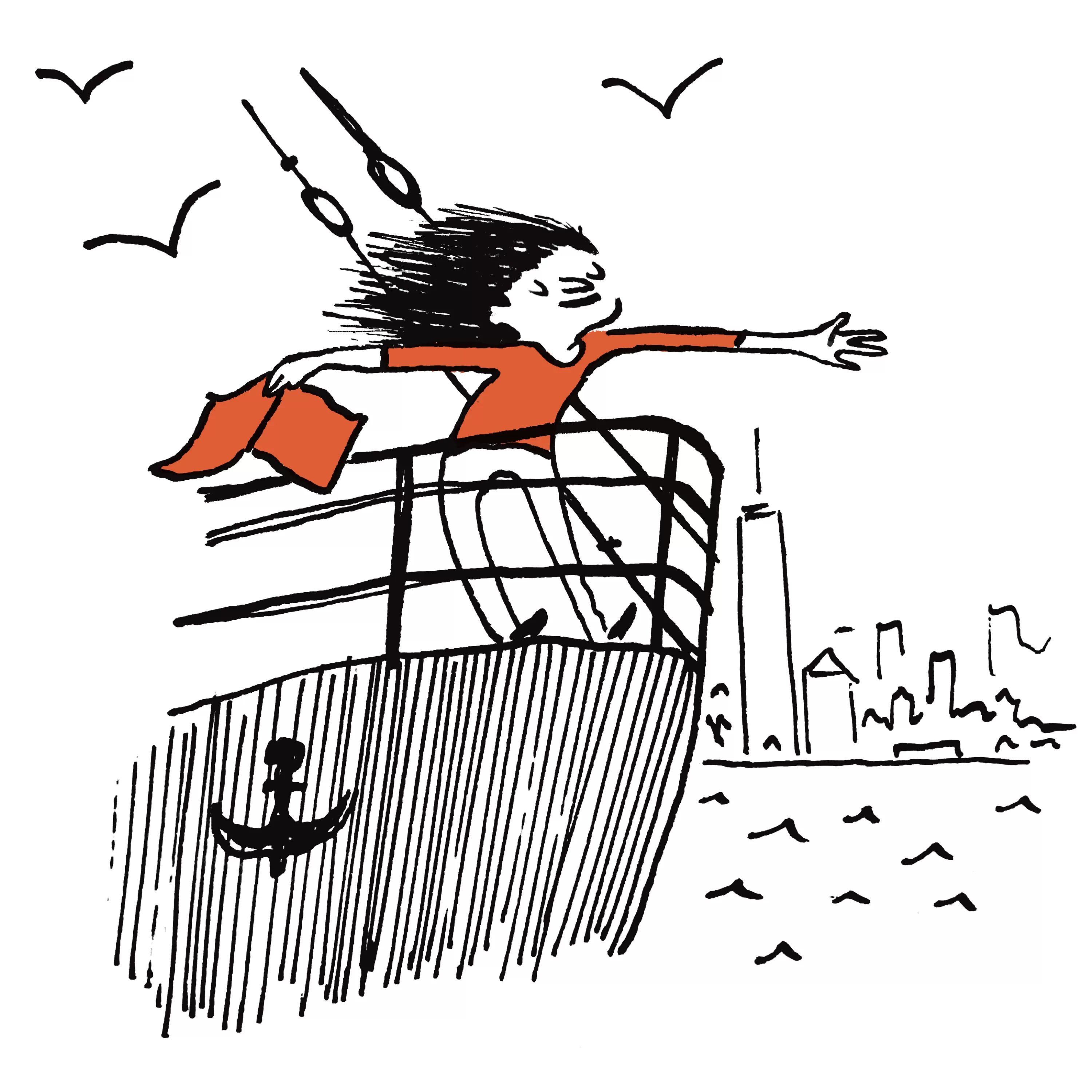 A person stands on a boat holding a book, with city skyline and birds, representing the journey through life's challenges.