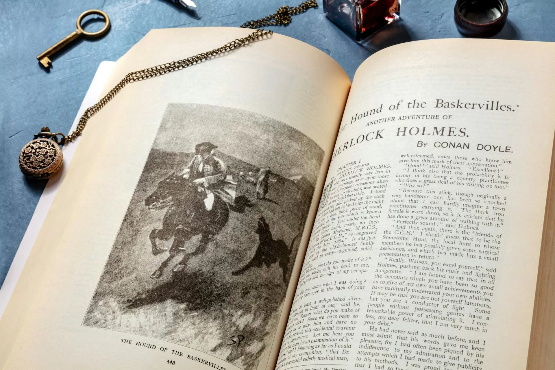 Text from a Sherlock Holmes book, The Hound of the Baskervilles, with a magnifying glass highlighting newspaper text; illustrating sherlock newspaper code use.