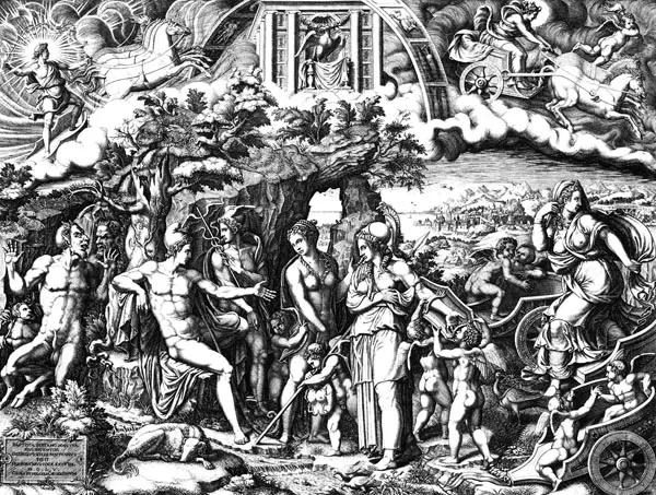 A scene depicting the mythological Judgement of Paris, illustrating a cause of the Trojan War related to Juno's anger.
