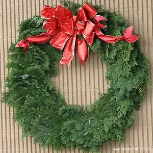 Large Christmas wreath with a festive red bow hanging outdoors, a traditional image for holiday greeting cards and rhymes.