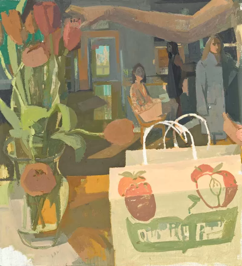 A painting of a basket of fruit and flowers, possibly apples and roses, placed on a table, with a background suggesting an indoor scene with some foliage outside a window. The style is expressive, focusing on texture and light, evoking a sense of domesticity and natural abundance.